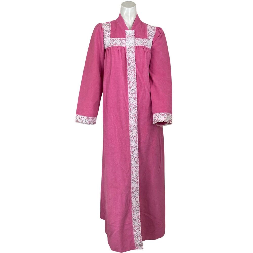 Vintage Sears At Homewear Fleece Housecoat Robe Medium Pink Lace Snap Button
